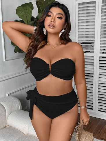 بدلة سباحة نسائية من MakeMeChic مقاس كبير مكونة من قطعتين بدون حمالات، مجموعة بيكيني عالية الخصر in Saudi Arabia
