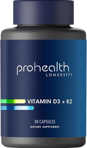 ProHealth Longevity فيتامين D3 K2 5000 وحدة دولية 100 ميكروجرام، 90 كبسولة للأسنان وقوة العظام، وتعزيز المناعة، وصحة القلب. ثنائي تآزري من أجل الامتصاص الأمثل لتعزيز الشيخوخة الصحية. in Kuwait