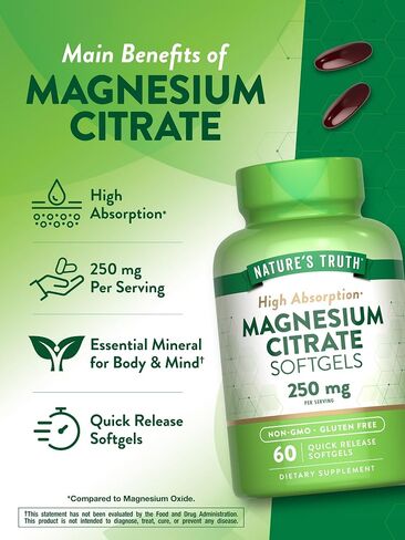Nature's Truth Magnesium Citrate Softgels | 250mg | 60 Count | High Absorption | Non-GMO & Gluten Free Supplement in Saudi Arabia