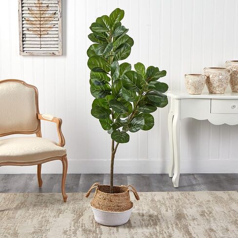 Nearly Natural 4.5ft. Fiddle Leaf Fig Artificial Tree with Boho Chic Handmade Cotton & Jute White Woven Planter in Saudi Arabia