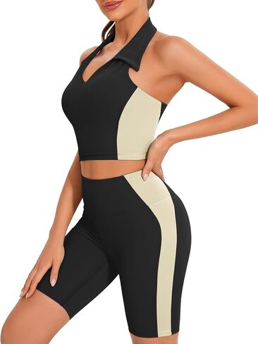 Women's Workout Sets 2 Piece Backless Top and High Waist Shorts Yoga Outfits Trendy Colorblock Summer Gym Clothes in Saudi Arabia