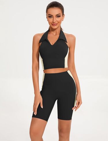 Women's Workout Sets 2 Piece Backless Top and High Waist Shorts Yoga Outfits Trendy Colorblock Summer Gym Clothes in Saudi Arabia
