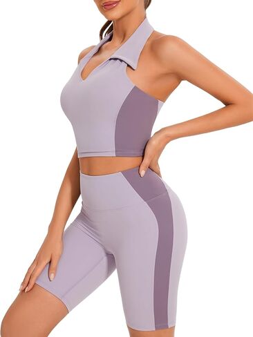 Women's Workout Sets 2 Piece Backless Top and High Waist Shorts Yoga Outfits Trendy Colorblock Summer Gym Clothes in Saudi Arabia