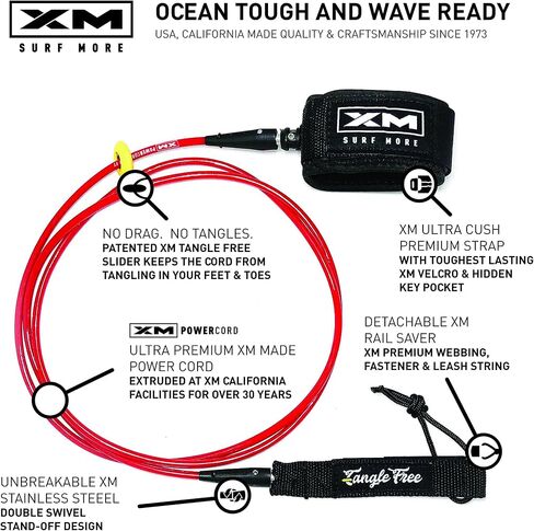 Regular 6ft-12ft Surfboard Leash with Tangle Free Upgrade, Cord Thickness (.270in), Key Pocket, Unbreakable Swivels, Detachable Railsaver, Made in USA in Saudi Arabia