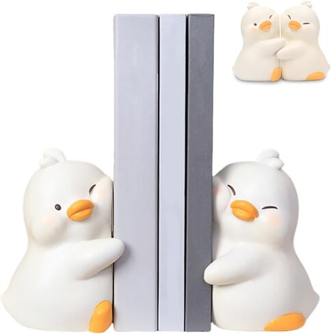 1Pair Hug Duck Bookends,Cute Book Ends Hug Ducks Decorative Bookend for Shelves,Creative Resin Book Holders Stopper for Home Office Desk Bookshelf Decoration(White Duck,Size:3.94x5.12inch) in Saudi Arabia