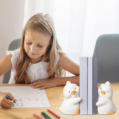 1Pair Hug Duck Bookends,Cute Book Ends Hug Ducks Decorative Bookend for Shelves,Creative Resin Book Holders Stopper for Home Office Desk Bookshelf Decoration(White Duck,Size:3.94x5.12inch) in Saudi Arabia