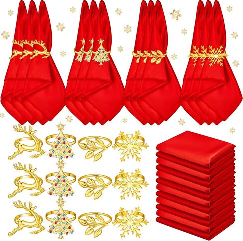 Suclain 24 Pcs Christmas Napkins and Ring Set 12 Pcs Christmas Napkins Cloth and 12 Pcs Christmas Napkin Rings Holder for Christmas Holiday Dinner Party Table Decoration in Saudi Arabia