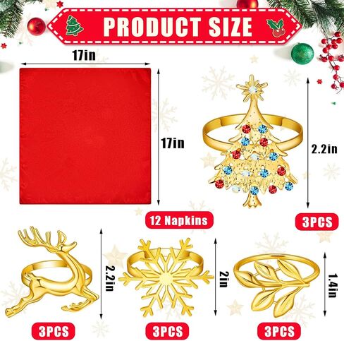 Suclain 24 Pcs Christmas Napkins and Ring Set 12 Pcs Christmas Napkins Cloth and 12 Pcs Christmas Napkin Rings Holder for Christmas Holiday Dinner Party Table Decoration in Saudi Arabia