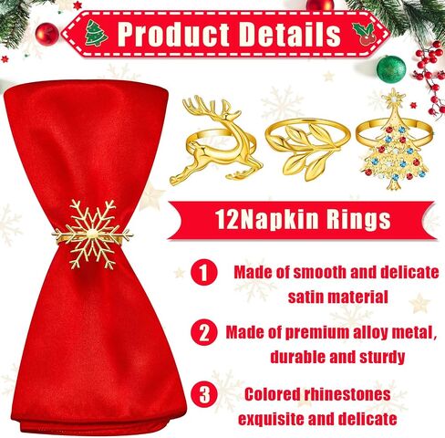Suclain 24 Pcs Christmas Napkins and Ring Set 12 Pcs Christmas Napkins Cloth and 12 Pcs Christmas Napkin Rings Holder for Christmas Holiday Dinner Party Table Decoration in Saudi Arabia