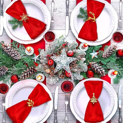 Suclain 24 Pcs Christmas Napkins and Ring Set 12 Pcs Christmas Napkins Cloth and 12 Pcs Christmas Napkin Rings Holder for Christmas Holiday Dinner Party Table Decoration in Saudi Arabia