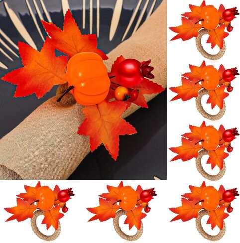 6 Pieces Fall Napkin Ring Thanksgiving Napkin Ring Holder Buckle Fall Themed Harvest Napkin Holder Maple Pumpkin Napkin Ring for Dinner Fall Gathering Table Decoration (Berry Style) in Kuwait