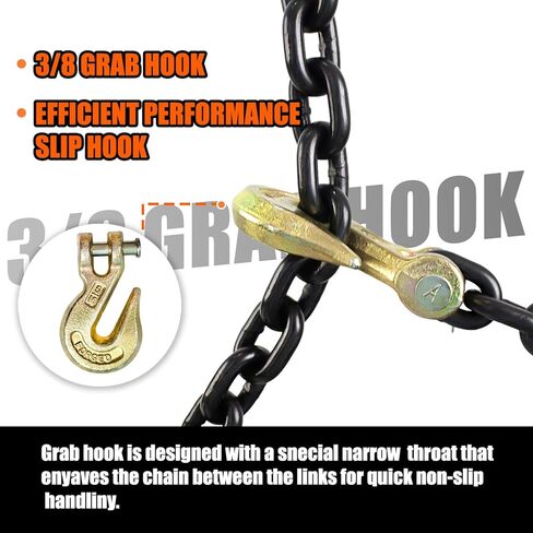 G80 Log Chain 3/8'' X 15 Feet Transport Chain with Clevis Grab Hooks | Heavy Duty Safety Chain WLL 7,100 lbs for Hauling & Towing in Kuwait