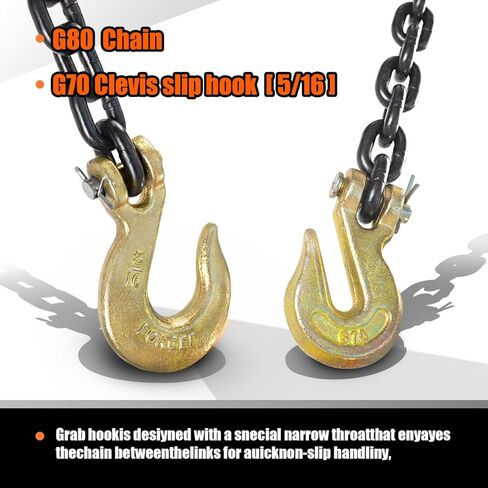 G80 Log Chain 3/8'' X 15 Feet Transport Chain with Clevis Grab Hooks | Heavy Duty Safety Chain WLL 7,100 lbs for Hauling & Towing in Kuwait
