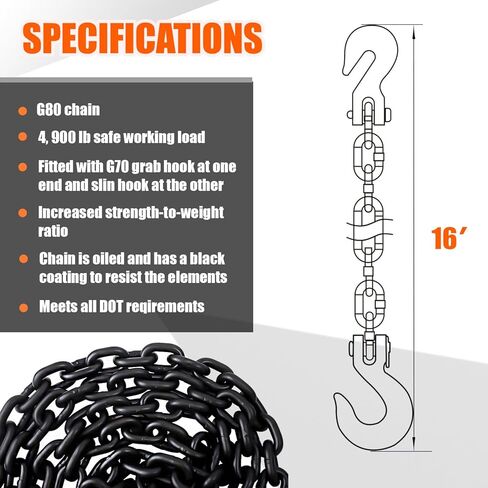 G80 Log Chain 3/8'' X 15 Feet Transport Chain with Clevis Grab Hooks | Heavy Duty Safety Chain WLL 7,100 lbs for Hauling & Towing in Kuwait
