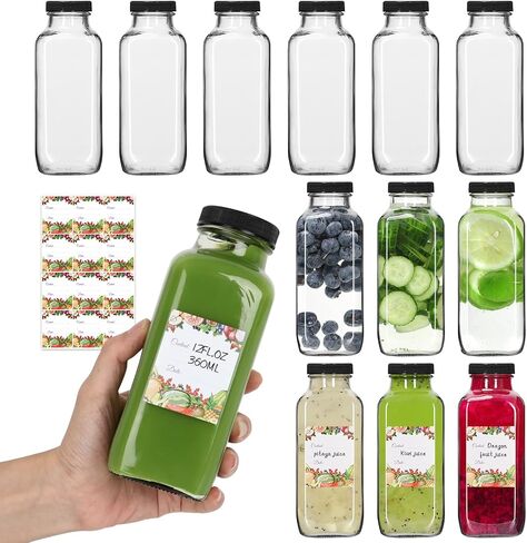 12 oz Glass Bottles with Lids 12Pack, 360ml Glass Bottles for Juicing, Water, Kombucha - Portable Glass Juice Bottles with Lids 12 oz (12fl.oz, Set of 12) in Saudi Arabia