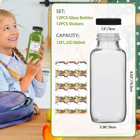12 oz Glass Bottles with Lids 12Pack, 360ml Glass Bottles for Juicing, Water, Kombucha - Portable Glass Juice Bottles with Lids 12 oz (12fl.oz, Set of 12) in Saudi Arabia