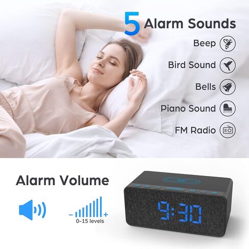 BUFFBEE Digital Alarm Clock FM Radio - 10W Fast Wireless Charger Station & USB Port - 5 Wake Up Sounds, Volume Control, Full Brightness Dimmer for Bedroom in Kuwait
