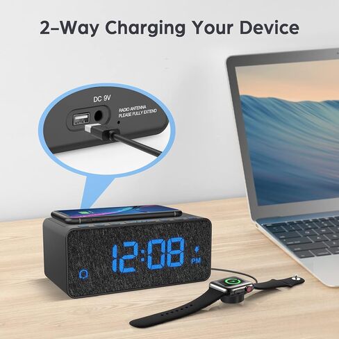 BUFFBEE Digital Alarm Clock FM Radio - 10W Fast Wireless Charger Station & USB Port - 5 Wake Up Sounds, Volume Control, Full Brightness Dimmer for Bedroom in Kuwait