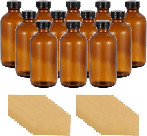 PATIKIL 8oz(240ml) Glass Sample Bottles, 12Pcs Round Bottle Dispensing Bottles with Black Poly Cone Cap, 24Pcs Labels for Reagent Liquids, Essential Oils, Perfume, Amber in Saudi Arabia