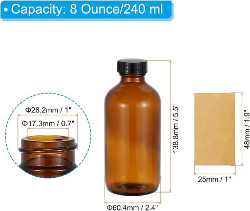 PATIKIL 8oz(240ml) Glass Sample Bottles, 12Pcs Round Bottle Dispensing Bottles with Black Poly Cone Cap, 24Pcs Labels for Reagent Liquids, Essential Oils, Perfume, Amber in Saudi Arabia