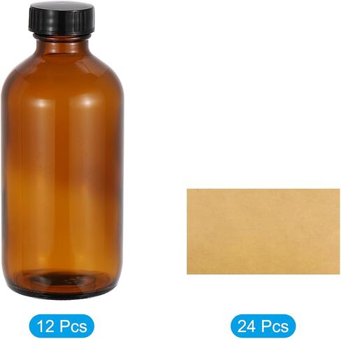 PATIKIL 8oz(240ml) Glass Sample Bottles, 12Pcs Round Bottle Dispensing Bottles with Black Poly Cone Cap, 24Pcs Labels for Reagent Liquids, Essential Oils, Perfume, Amber in Saudi Arabia