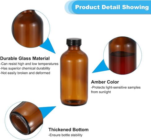 PATIKIL 8oz(240ml) Glass Sample Bottles, 12Pcs Round Bottle Dispensing Bottles with Black Poly Cone Cap, 24Pcs Labels for Reagent Liquids, Essential Oils, Perfume, Amber in Saudi Arabia