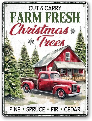 Artsy Woodsy Vintage مزرعة أشجار عيد الميلاد الطازجة علامة معدنية، مزرعة عيد الميلاد علامات القصدير الديكور، مزرعة شجرة غابة الصنوبر الخضراء وسوق سانتا جدار ديكور للمنزل مطبخ مقهى 12x16 بوصة in Kuwait