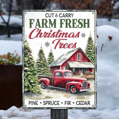 Artsy Woodsy Vintage مزرعة أشجار عيد الميلاد الطازجة علامة معدنية، مزرعة عيد الميلاد علامات القصدير الديكور، مزرعة شجرة غابة الصنوبر الخضراء وسوق سانتا جدار ديكور للمنزل مطبخ مقهى 12x16 بوصة in Kuwait