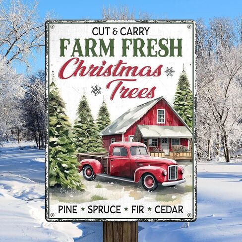 Artsy Woodsy Vintage مزرعة أشجار عيد الميلاد الطازجة علامة معدنية، مزرعة عيد الميلاد علامات القصدير الديكور، مزرعة شجرة غابة الصنوبر الخضراء وسوق سانتا جدار ديكور للمنزل مطبخ مقهى 12x16 بوصة in Kuwait