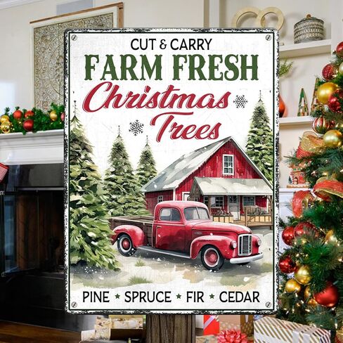 Artsy Woodsy Vintage مزرعة أشجار عيد الميلاد الطازجة علامة معدنية، مزرعة عيد الميلاد علامات القصدير الديكور، مزرعة شجرة غابة الصنوبر الخضراء وسوق سانتا جدار ديكور للمنزل مطبخ مقهى 12x16 بوصة in Kuwait