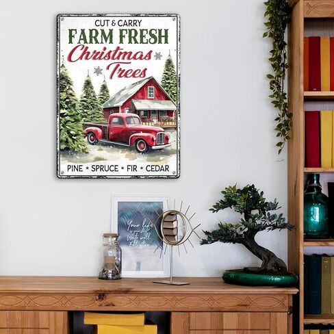 Artsy Woodsy Vintage مزرعة أشجار عيد الميلاد الطازجة علامة معدنية، مزرعة عيد الميلاد علامات القصدير الديكور، مزرعة شجرة غابة الصنوبر الخضراء وسوق سانتا جدار ديكور للمنزل مطبخ مقهى 12x16 بوصة in Kuwait