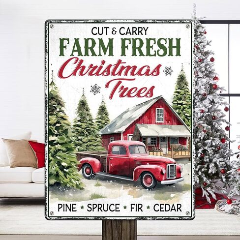 Artsy Woodsy Vintage مزرعة أشجار عيد الميلاد الطازجة علامة معدنية، مزرعة عيد الميلاد علامات القصدير الديكور، مزرعة شجرة غابة الصنوبر الخضراء وسوق سانتا جدار ديكور للمنزل مطبخ مقهى 12x16 بوصة in Kuwait