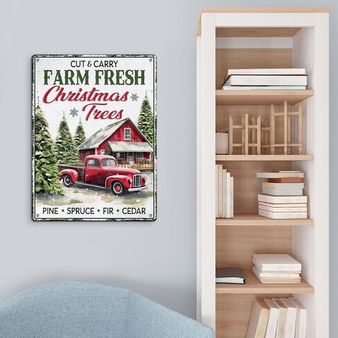 Artsy Woodsy Vintage مزرعة أشجار عيد الميلاد الطازجة علامة معدنية، مزرعة عيد الميلاد علامات القصدير الديكور، مزرعة شجرة غابة الصنوبر الخضراء وسوق سانتا جدار ديكور للمنزل مطبخ مقهى 12x16 بوصة in Kuwait