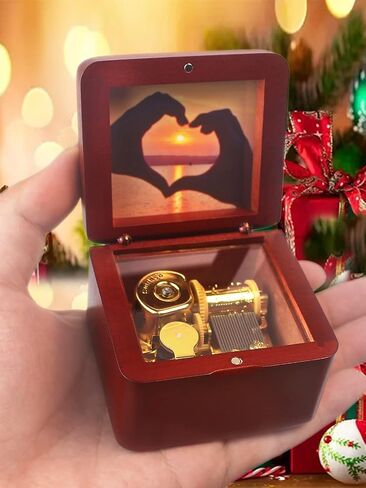 Natural Wooden Music Box with Customizable Photos Wind Up Musical Box Gifts for Christmas,Birthday and Valentine's Day(Simple Wine Red, Tone:When You Wish Upon a Star) in Saudi Arabia