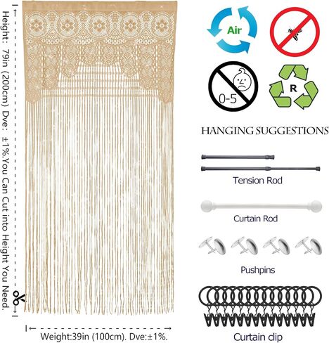 Macrame Lace Door String Curtain for Doorways，Bohemian Curtains Window Wall Closet Bedroom Kitchen Hippie Hanging Panels Boho Room Divider Girls Kids（Champange, 39×79in in Saudi Arabia