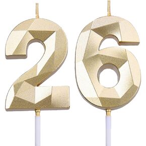 2 inch Gold 26 Birthday Candles, 3D Diamond Number 26th Cake Topper for Boys Girls Birthday Party Decorations Theme Party