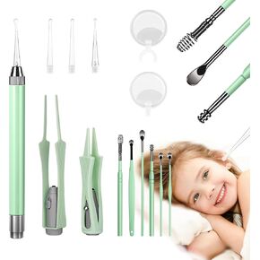 15 Pack Ear Wax Removal Tool Kit with Light - LED Ear Cleaning Kit, Ear Wax Removal for Kids and Adults, Ear Cleaning Tool, Ear Picker Spoon & Ear Tweezers & Spiral Spring Ear Spoon (Green)