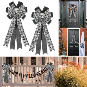 Halloween Decorations, 2PCS Black Halloween Skull Bow Wreaths for Front Door, for Wall Home Porch Party Indoor Outdoor Holiday Decor.