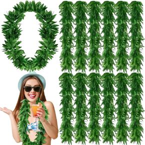 12 Pcs Tropical Green Leis Fern Leaf Lei Green Fake Hawaiian Leis Artificial Fern Garland for Summer Luau Party Favors Decorations, 43 Inches