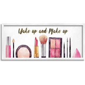 Stupell Industries Wake Up Make Up Watercolor Pink Grey Fashion Word, Design by Artist Ziwei Li Wall Art, 7x17, Wood Plaque