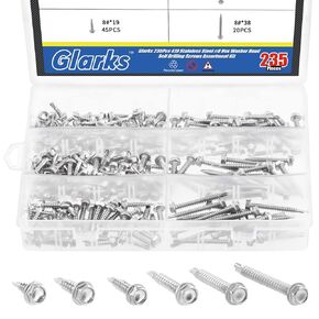 Glarks 235Pcs 410 Stainless Steel #8 Hex Washer Head Self Drilling Screws Assortment Kit 6 Size #8x1/2", 8x5/8", 8x3/4", 8x1", 8x1-1/4", 8x1-1/2" Sheet Metal Screws with Drill Point