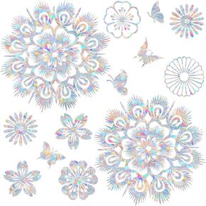 Peacock Tail Flower and Butterfly Window Clings for Bird Strickes - Anti-Collision Window Decals to Save Birds from Window Collisions,Non Adhesive Prismatic Window Clings, Rainbow Stickers(18PCS)