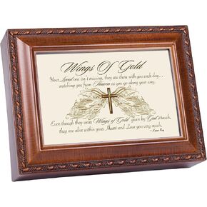 Cottage Garden Wings of Gold Within Heart Woodgrain Rope Trim Music Box Plays Amazing Grace