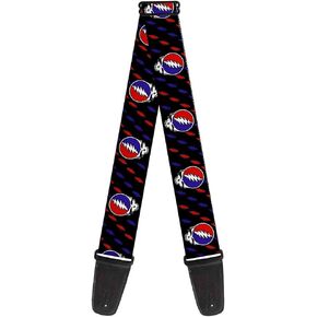 Grateful Dead Guitar Strap, Steal Your Face Mini Lightning Bolt Black Red White Blue, 2 Inches Wide