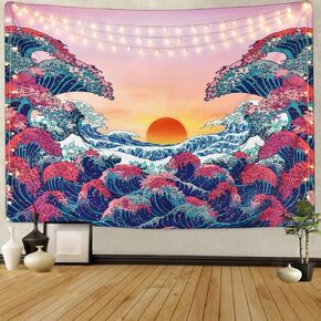 Cestbin Ocean Wave Tapestry Wall Hanging, Colorful Sea with Sun Sunset Tapestry,3D The Great Wave Tapestry Japanese Tapestry for Living Room Bedroom Dorm Decor (Ocean Wave, 59.1" x 78.8")