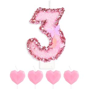 Birthday Candles, Number 7 Candle with 4Pcs Heart Candles, Butterfly Birthday Party Decorations for Women Girl, Pink Handmade Birthday Numeral Candle Wedding Cake Topper Anniversary Party Decor