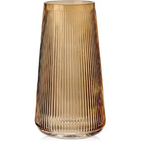 Hollyone Large Amber Glass Vase for Flowers 9.8" Tall Ribbed Modern Decorative Glass Vase for Centerpieces Clear Brown Wide Mouth Glass Vase Gift for Home Office Shelf Living Room Dinging Table Decor
