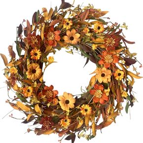 Fall Front Door Wreath,18" Artificial Floral Wreath with Colorful Daisies and Fall Orange Wreath for Front Door Wall Window and Thanksgiving Decor