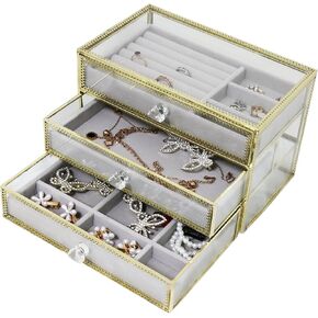 MOOCHI Golden Brass Vintage Glass Jewelry Box with 3 Drawers Earrings Necklace Ring Bracelet Watch Costmetic Organizer Case for Women