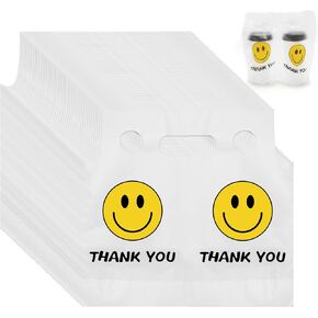Whaline 1000 Count Thank You Handle Drink Bags 2 Cups Smile Face Plastic Packaging Poly Bag Carriers for Delivery Take Out Cup Holder Beverage Coffee Juice Mike Tea Stores, 11 x 12.2 Inch